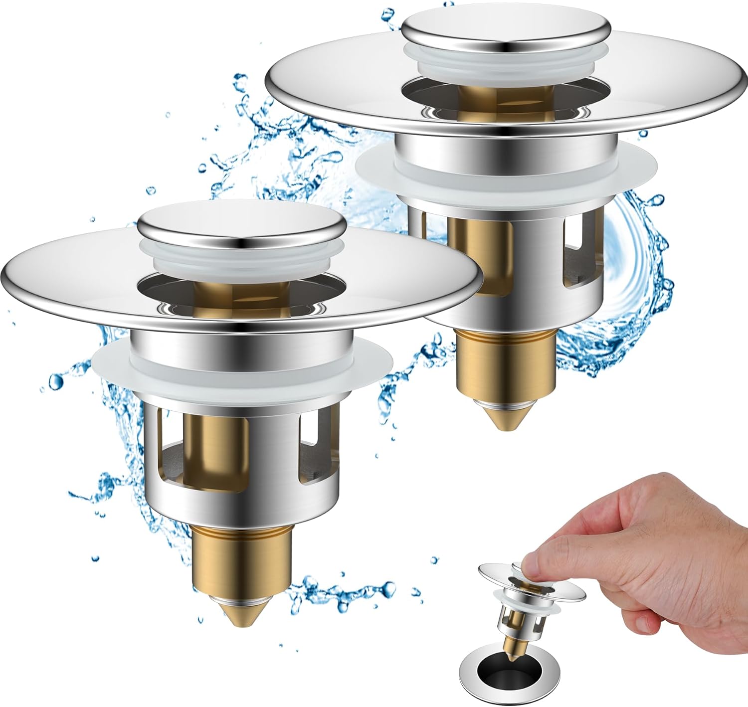 Hibbent 2 Pack All Metal Universal Bathroom Sink Stopper for 1.1''~2.3'' Basin, Pop Up Sink Drain Strainer, Brass Bullet Core Push Type Stopper, Stainless Steel Anti Clogging Drain Filter, Chrome