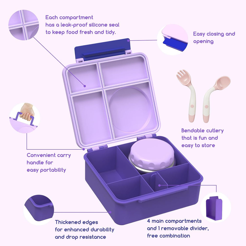 Bento Box for Kids - Leak-Proof Lunch Box with Insulated Thermos Food Jar - 4 Compartments, 1 Removable Divider, 1Spoon, 1 Fork - Dishwasher Safe, BPA-Free (Light purple)