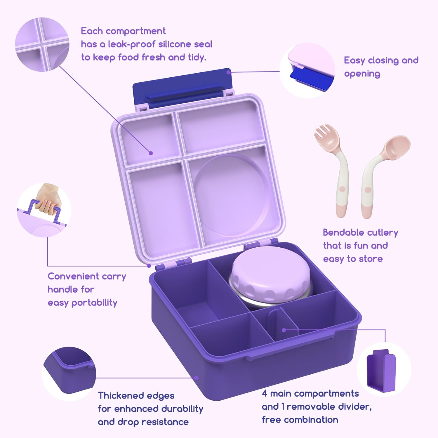 Bento Box for Kids - Leak-Proof Lunch Box with Insulated Thermos Food Jar - 4 Compartments, 1 Removable Divider, 1Spoon, 1 Fork - Dishwasher Safe, BPA-Free (Light purple)