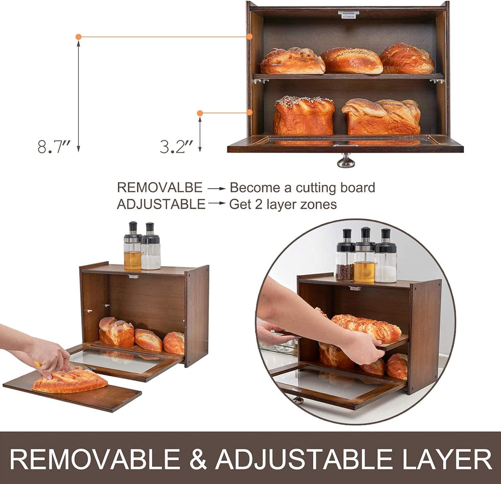 Bamboo Wooden Bread Box for Kitchen Countertop, Storage Box with Transparent Window, 2-Layer Large Capacity, Kitchen Bread Holder, Self Assembly