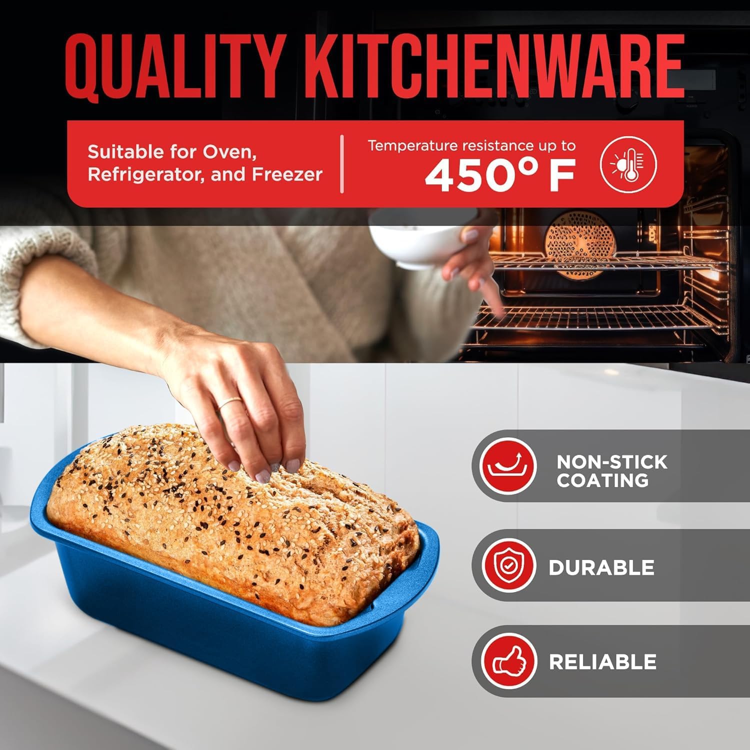 Nonstick Loaf Pan Set Pack of 2, 10.2" & 11" Large Baking Bread Pan, Oven Safe Up to 450°F, PFOA, PFOS, PTFE Free, Space Saving Stackable Design, Stain Resistant, Dishwasher Friendly, Blue Marble
