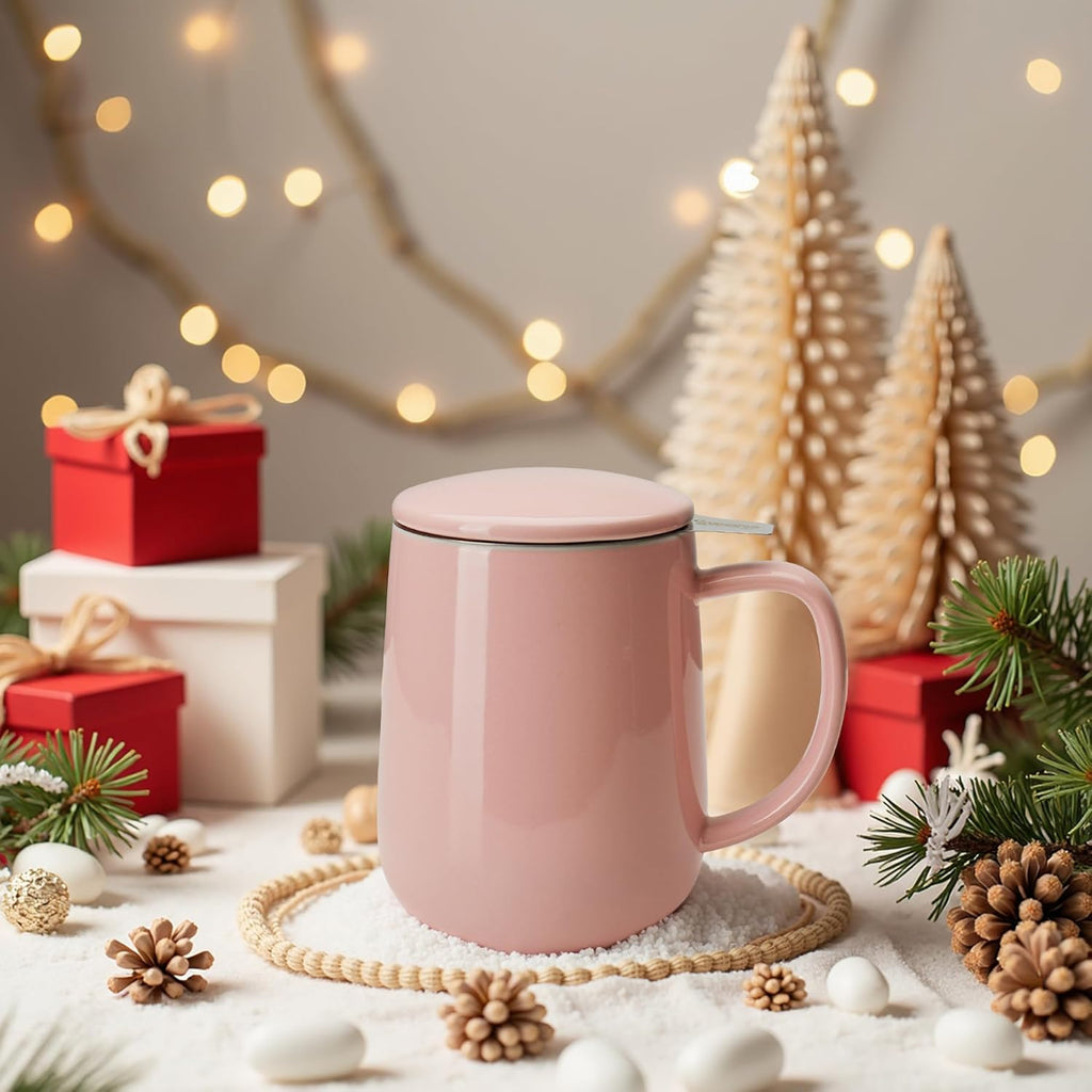 Sweese 20 OZ Porcelain Tea Mug with Infuser and Lid, Loose Leaf Tea Cup, Gifts for Tea Lover - Pink