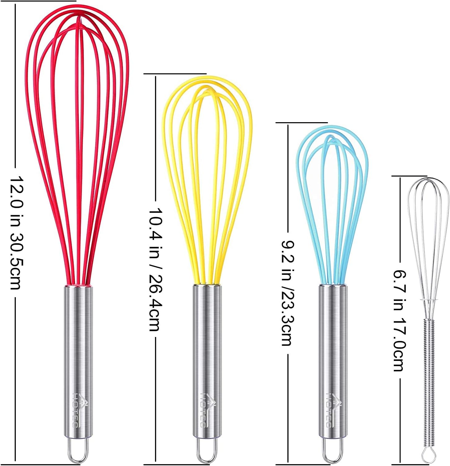 HOTEC 4 Pieces Silicone Whisks Set, Wire Balloon Whisks Egg Beater, Non-slip Handle Whisk for Non-stick Cookware Perfect for Cooking, Stirring, Beating and Blending (Multicolor)