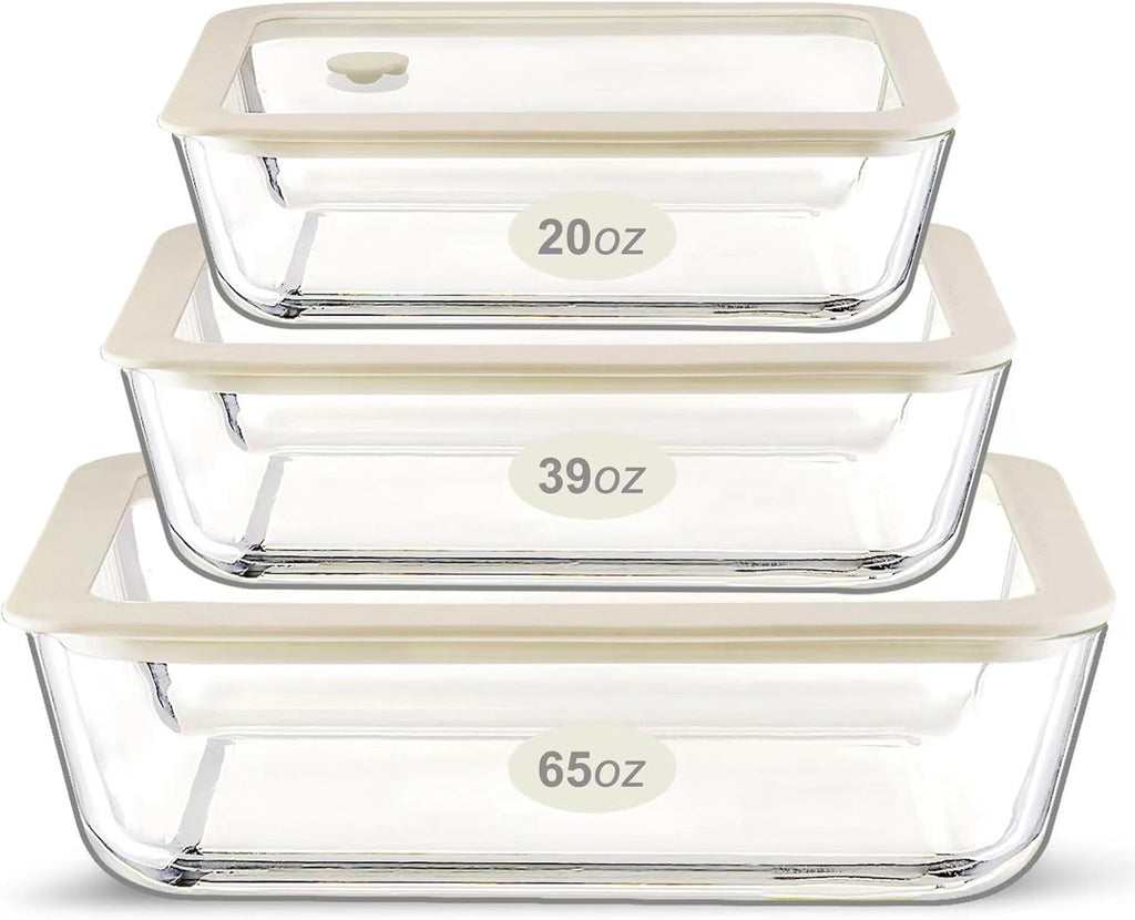 Urban Green Glass Food Container Set with Silicone Glass Lid, Large Size 3 Pack, Meal Prep Food Storage Containers with Airtight Lids, Leakproof, 100% Plastic Free, White color