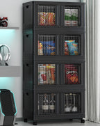 400Qt Stackable Storage Bins with Lids, 100Gal Closet Organizers and Storage Drawer, Plastic Collapsible Storage Bins with Doors, Heavy Duty Store Box Cabinet for Home Office, 4Pack Black