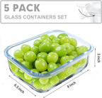 VERONES 5 Pack 36 OZ Glass Meal Prep Containers, Airtight Glass Lunch Containers Set, Food Storage Containers with Lids,Exclusive of BPA, for Microwave, Oven, Freezer & Dishwasher Friendly,White