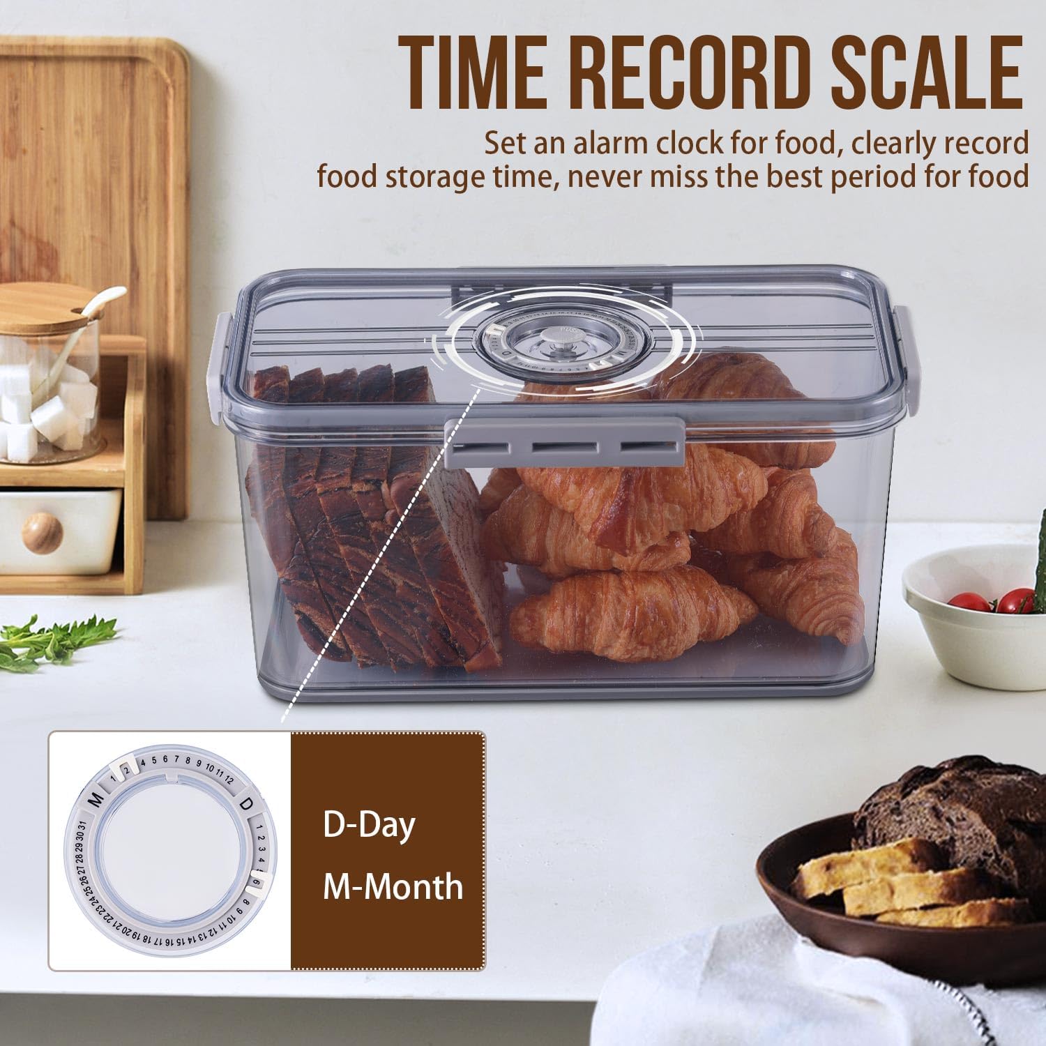 2Pcs Bread Box Bread Boxes for Kitchen Counter Airtight, Double Time Recording Bread Storage Container with Lid, 2 Bread Keeper for Homemade Bread, Toast, Bagel, Donut and Cookies, Grey