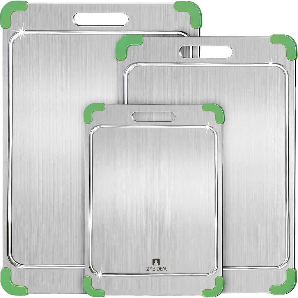3Pcs 100% Pure Titanium Cutting Board with Grooves, Update Double Side Titanium Chopping Board, Silicone Anti-slip Stainless Cutting Boards Set for Kitchen, Green