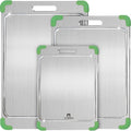 3Pcs 100% Pure Titanium Cutting Board with Grooves, Update Double Side Titanium Chopping Board, Silicone Anti-slip Stainless Cutting Boards Set for Kitchen, Green