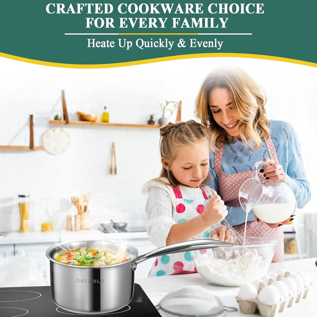 DELALRO Tri-Ply Stainless Steel 2.5 QT Saucepan with Lid, Heavy Duty Induction Pot, Fast Even Heat, Fuel Saving, Induction Cookware, Kitchen and Dining Steel Saucepan