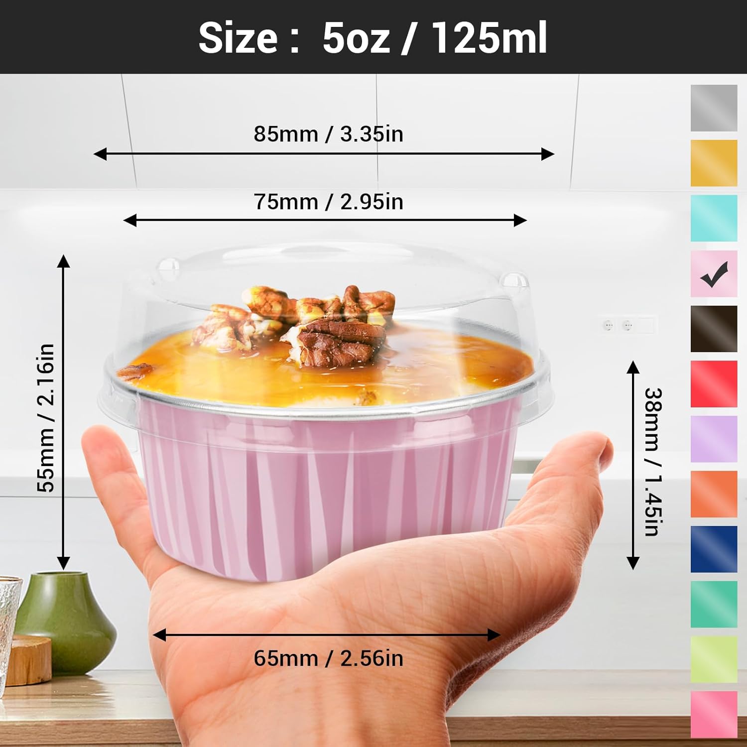 EUSOAR Baking Cups with Lids, Pink 60Packs 5oz Disposable Aluminum Foil Mini Muffin Liners, Dessert Cheesecake Pan Creme Brulee Cupcake Ramekins Containers for Catering Gathering Club Wedding Party