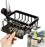 Sink Organizer Rack for Kitchen and Bathroom, 2024 New Stainless Steel Detachable Hanging Faucet Drain Rack with Drip Tray Faucet Sponge Holder for Bathroom (Black, Right)