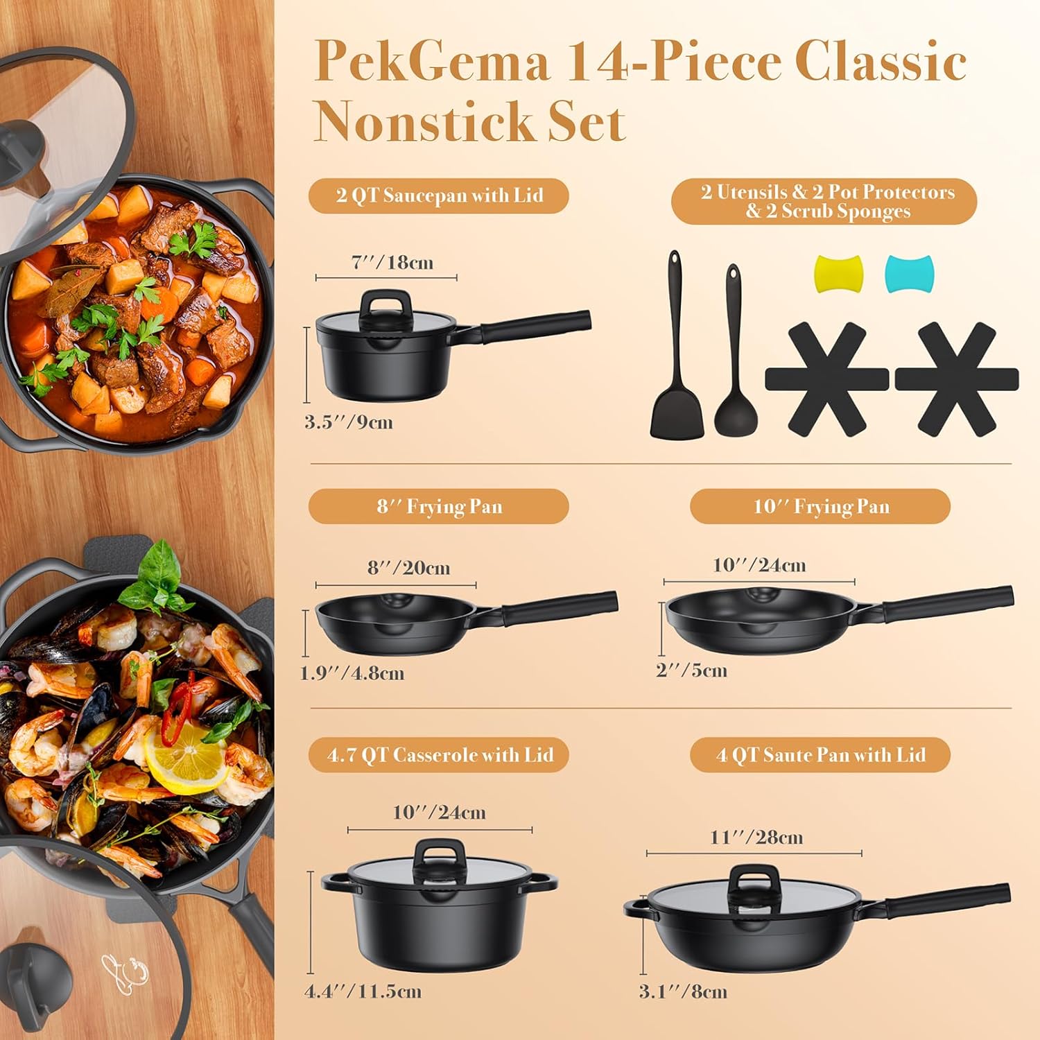PekGema Nonstick Pots and Pans Set, Non Stick Cookware Set 14 Pcs, Induction Cooking Set with Pour Spouts and Oven Safe for Casserole, PFOA FREE, Classic Black