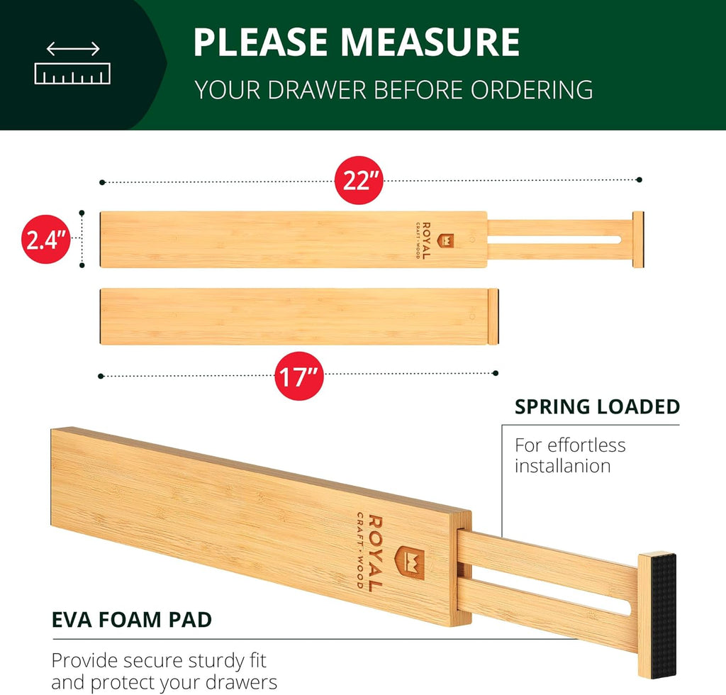 Drawer Divider and Organizer for Kitchen Organization - Adjustable Bamboo Drawer Dividers Organizers (17 - 22") - 4-Pack Expandable Drawer Organization Separators for Kitchen, Bedroom & More, Natural