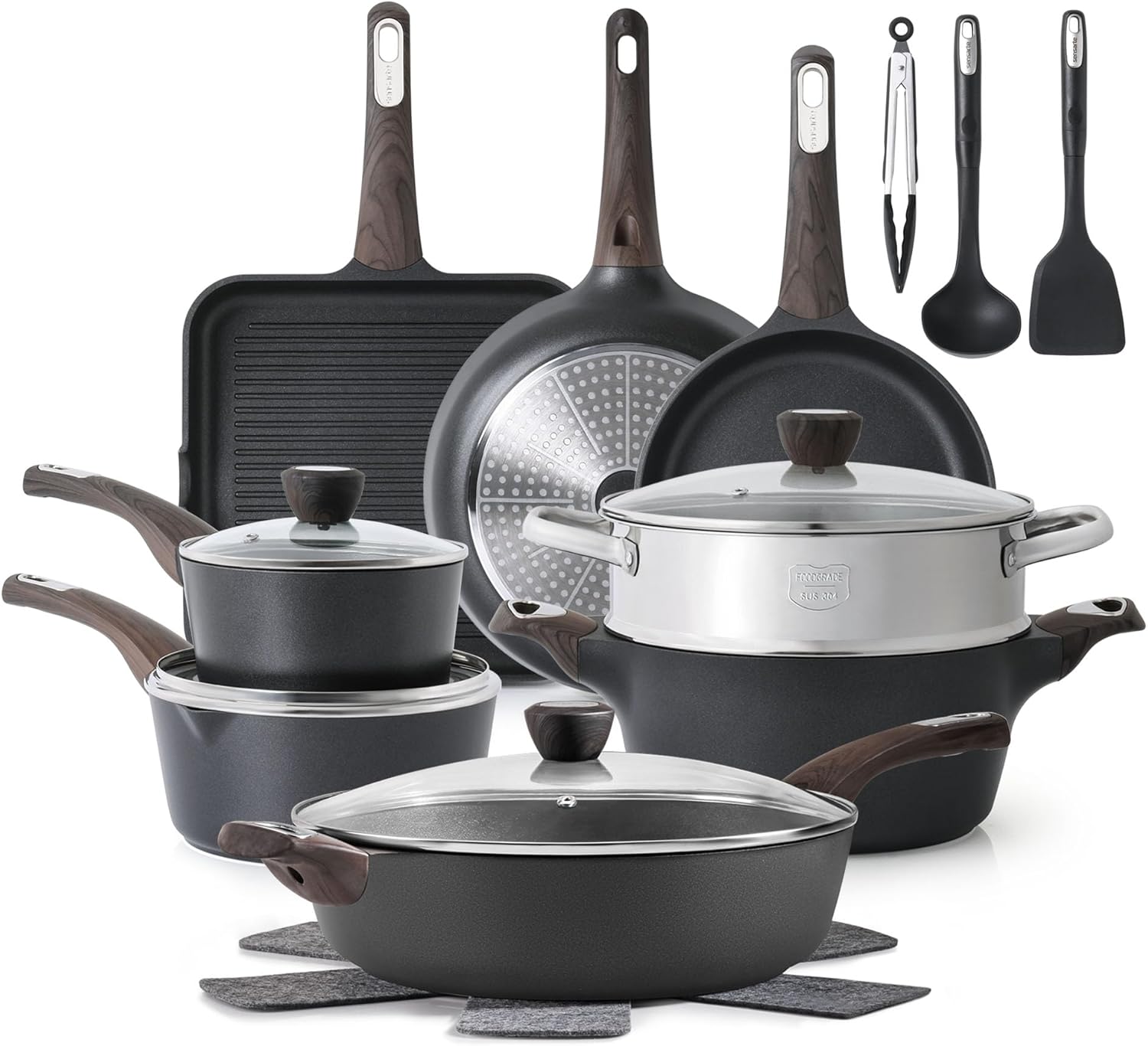 SENSARTE Pots and Pans Set Nonstick, 20 Pcs Induction Cookware Sets, Non-toxic Healthy Non Stick Kitchen Cooking Set with Stay-Cool Handles, PFOA PFOS Free, Black