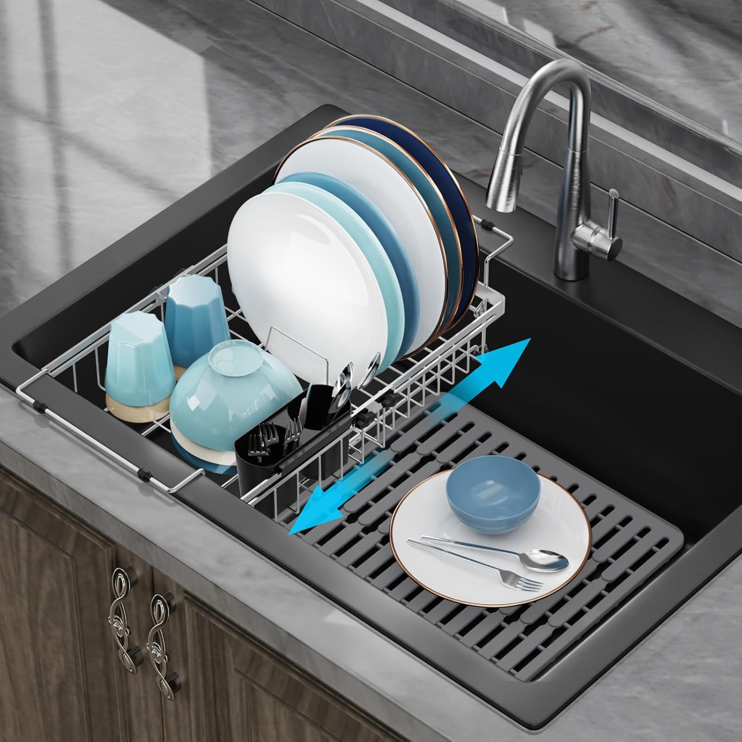 GSlife in Sink Dish Drying Rack - Stainless Steel Capacity Expandable Dish Drainer with Sink Protector, 10.8–17.9" L x 12.8" W, Silver