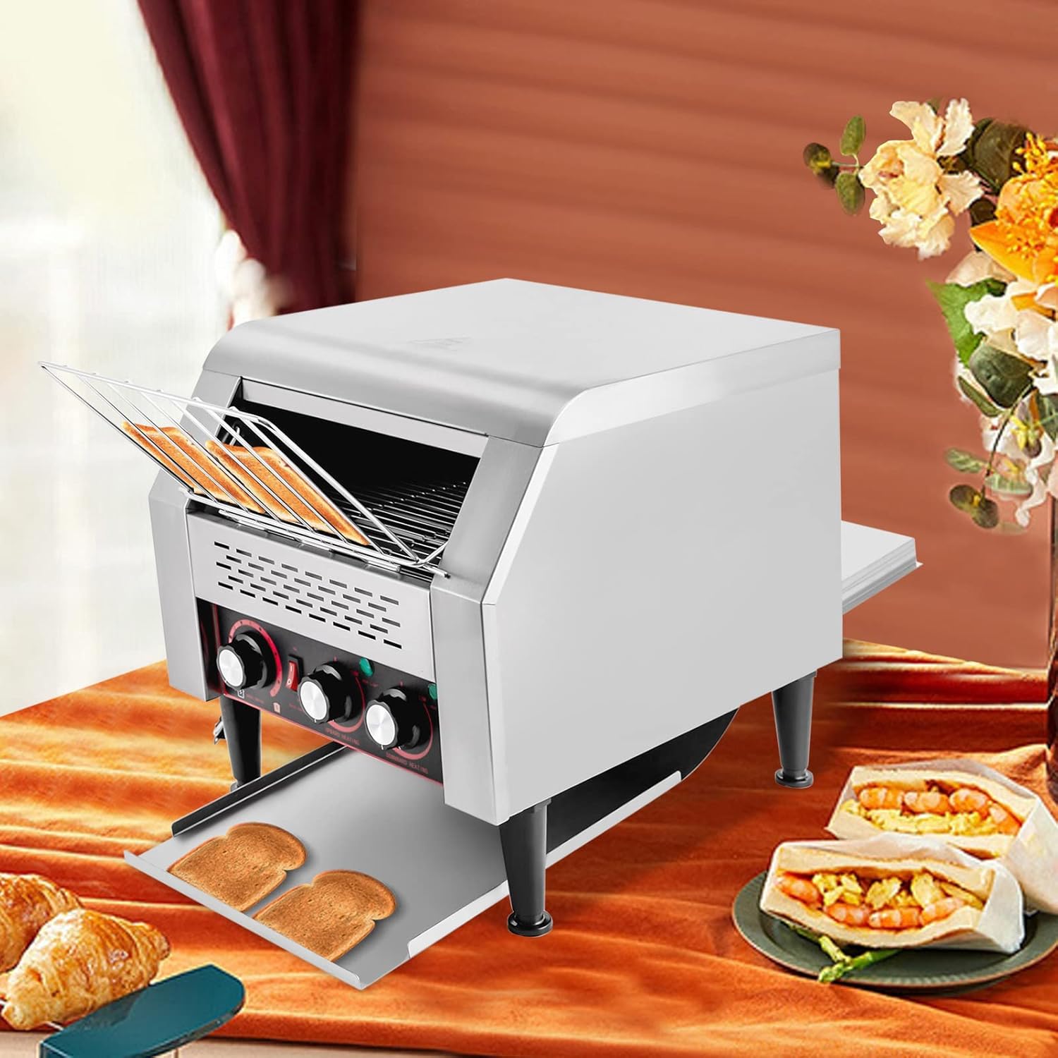 Commercial Conveyor Toaster 300 Slices/Hour Stainless Steel Conveyor Toaster 2200W Electric Toasters Oven Heavy Duty Countertop Restaurant Toaster for Cafes Bun Bagel Bread