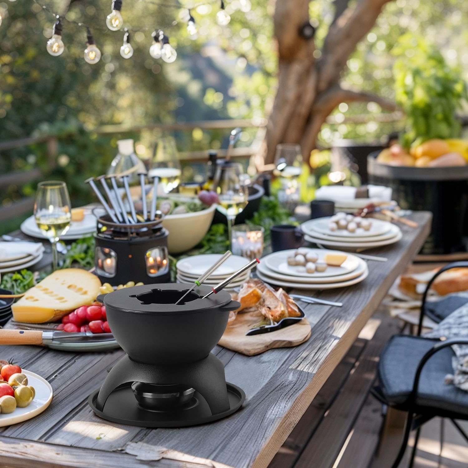 Artestia 5-Cup Cast Iron Fondue Pot for Chocolate, Cheese Fondue Pot with 6 Colored Forks for Fondue Party, 4-6 Person, Black