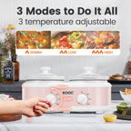 KOOC Double Small Slow Cooker, Buffet Server and Warmer, 2 Mini Pots with 3 Individual Adjustable Temp, Dual Ceramic Pots, Free Liners for Easy Clean-up, Stainless Steel, Total 2.5 Quart, Pink, Round