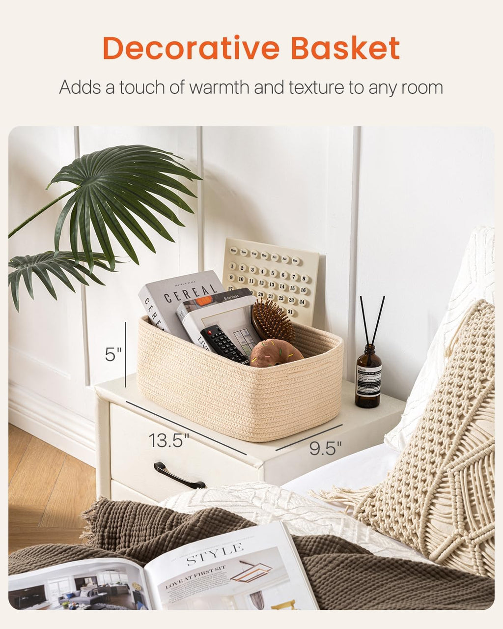 Small Woven Basket, 13.5 x 9.5 x 5 Inches, Storage Basket for Organizing, Cute Small Rope Shelf Closet Cube Storage Bins Baskets for Shelves, Dog Toy Gift Baskets Empty, 3 Packs, Beige