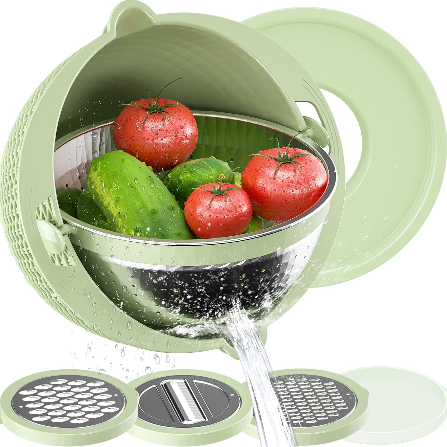 4-1 Colander with Bowl Set - Strainers for Kitchen, Food Strainers and Colanders, Pasta Strainer, Rice Strainer, Fruit Cleaner, Veggie Wash, Salad Spinner, Aesthetic Kitchen Essentials - Green