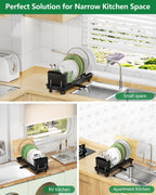 Small Dish Drying Rack, Compact Dish Rack for Kitchen Counter, Space Saving Plate Rack, Dish Strainer with Cutlery Holder, Black