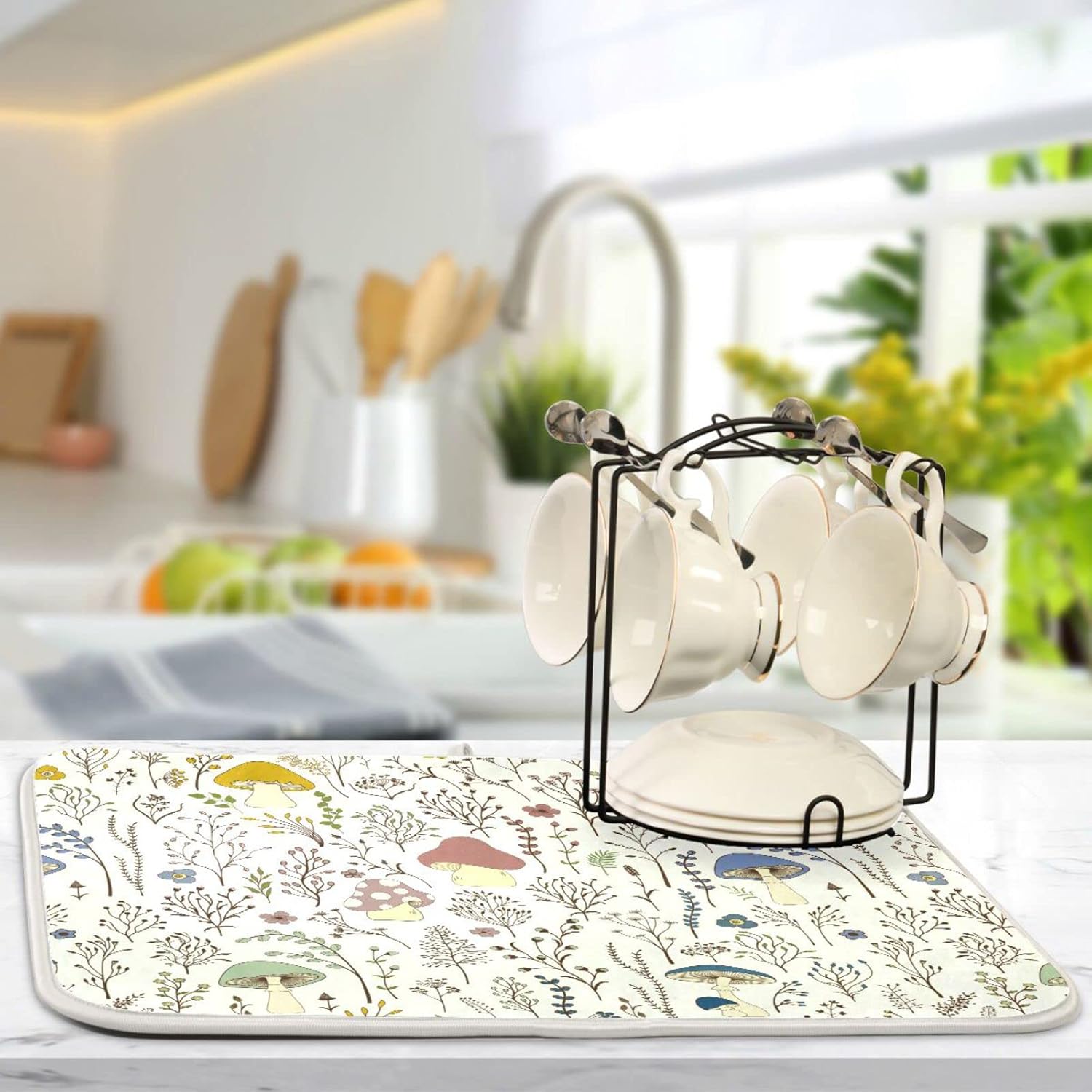Cute Mushroom Wild Plant Dish Drying Mat for Kitchen Counter Absorbent Microfiber Drying Pad, Large 18x24 in, Reversible Drainer Mats