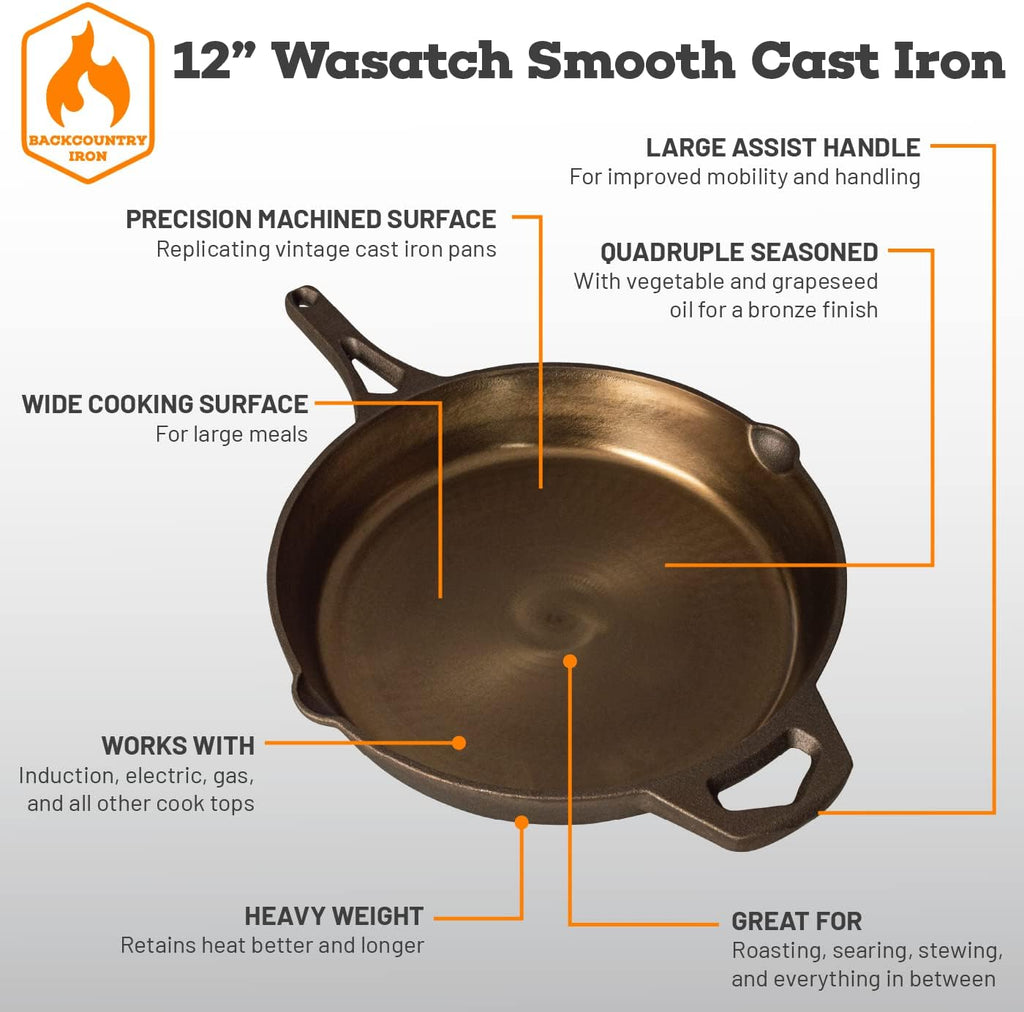 Backcountry Iron 12 Inch Smooth Wasatch Pre-Seasoned Round Cast Iron Skillet