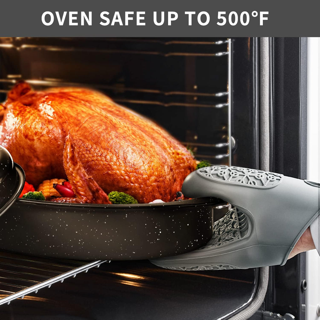 Granite Roasting Pan, 18” Enameled Roasting Pan with Domed Lid. Oval Turkey Roaster Pot, Broiler Pan Great for Turkey, Chicken, Lamb, Vegetable. Dishwasher Safe Cookware Fit for 18Lb Turkey by Kendane