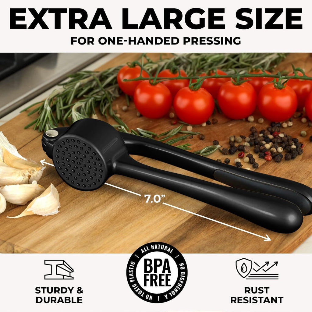 Zulay Kitchen Large Premium Garlic Press Set - Bigger Bowl for Bigger Garlic - Rust Proof & Dishwasher Safe Garlic Mincer Tool - Easy-Squeeze, Easy-Clean Silicone Garlic Peeler & Brush (Black)