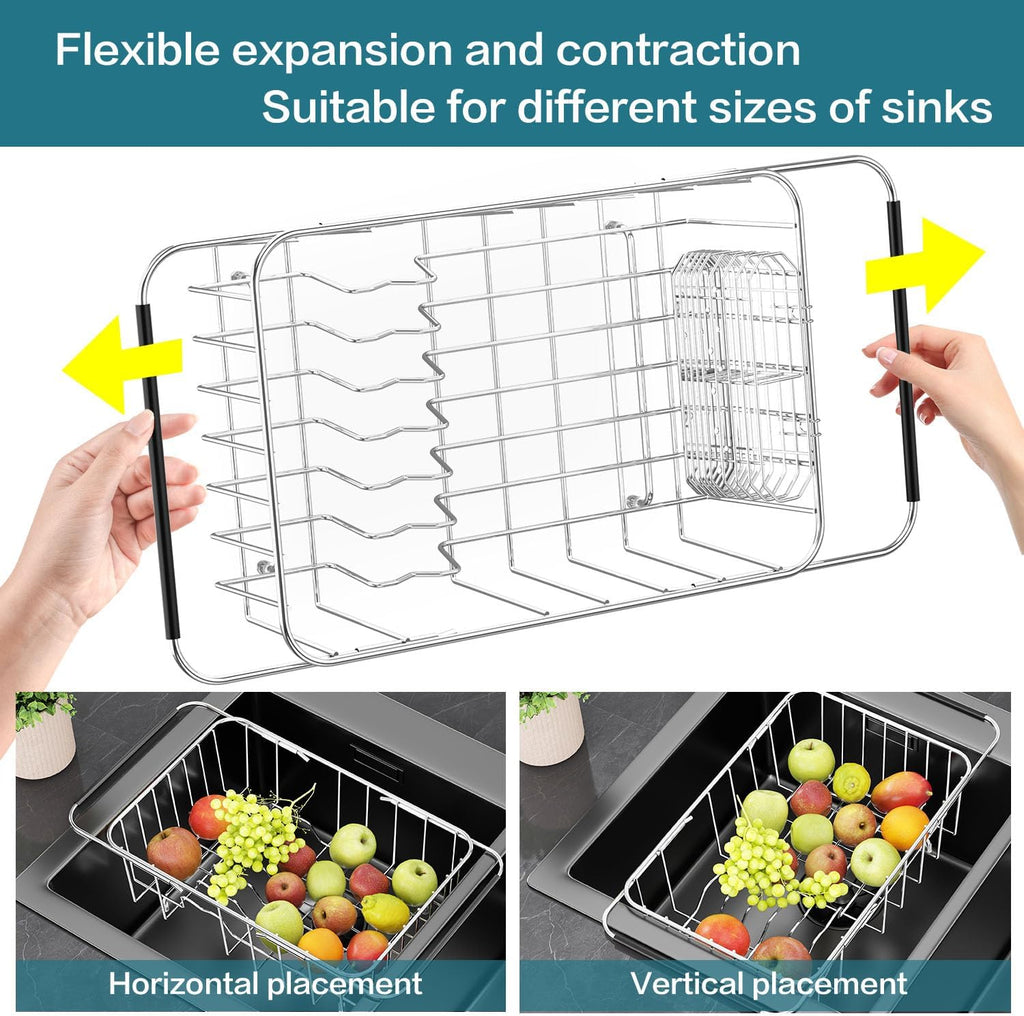 Small Dish Drainer Rack in Sink Adjustable, Expandable 304 Stainless Steel Metal Dish Drying Rack Organizer with Stainless Steel Utensil Holder Over Inside Sink Counter, Rustproof(For 1-2 People)