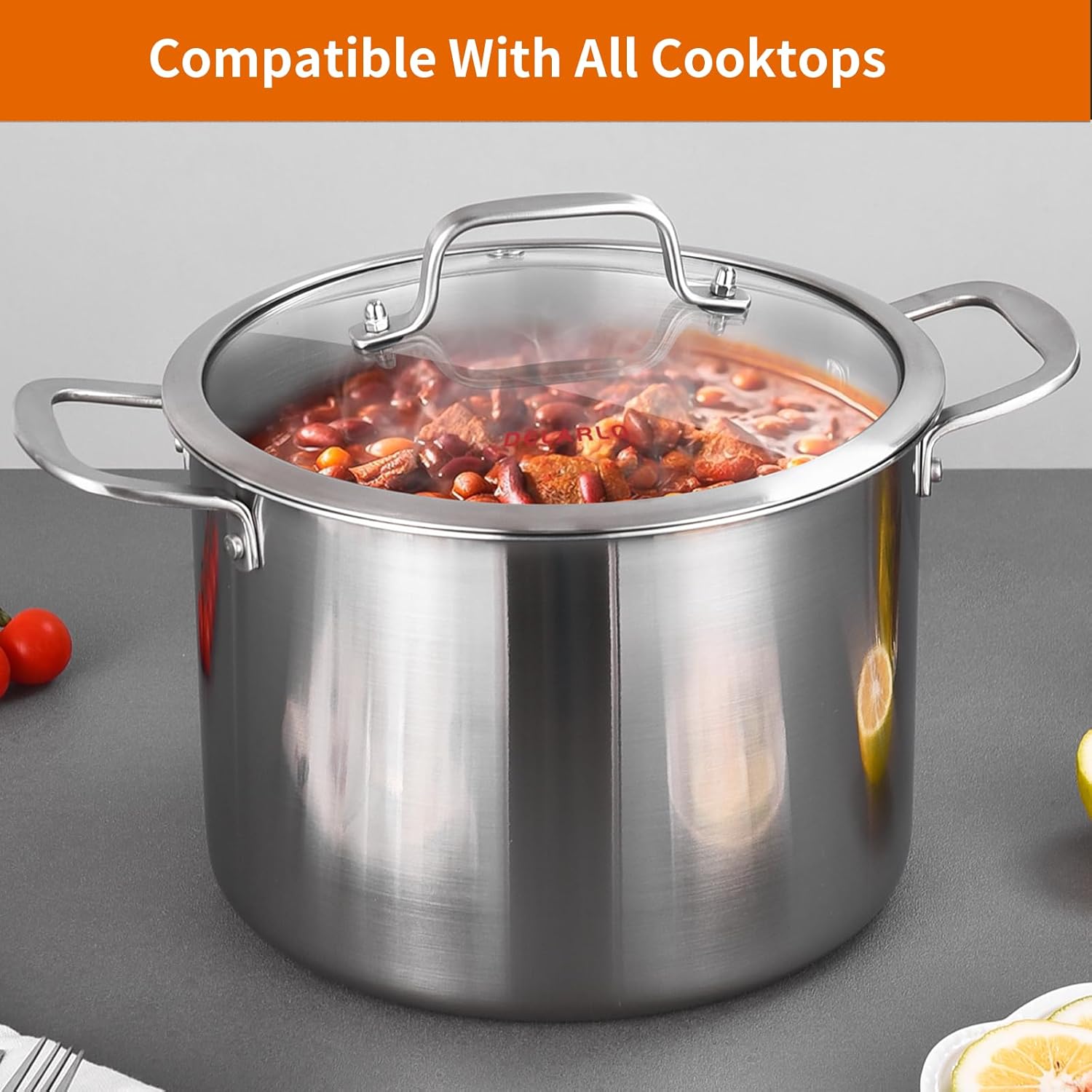 DELARLO Tri-Ply Stainless Steel 8 Quart Stock Pot, All Stove Compatible Up to 600℉ Soup Pot with Lid, 18/10 Induction Big Stockpot with Lids, Large Stainless Steel Induction for Cooking