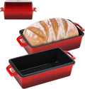 9x5 Inch Enameled Cast Iron Loaf Pan with Lid, Perfect Bread Baking Pan | Even Heat Distribution for Homemade Bread, Cake, Meatloaf，2 Piece set，Red