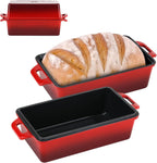 9x5 Inch Enameled Cast Iron Loaf Pan with Lid, Perfect Bread Baking Pan | Even Heat Distribution for Homemade Bread, Cake, Meatloaf，2 Piece set，Red