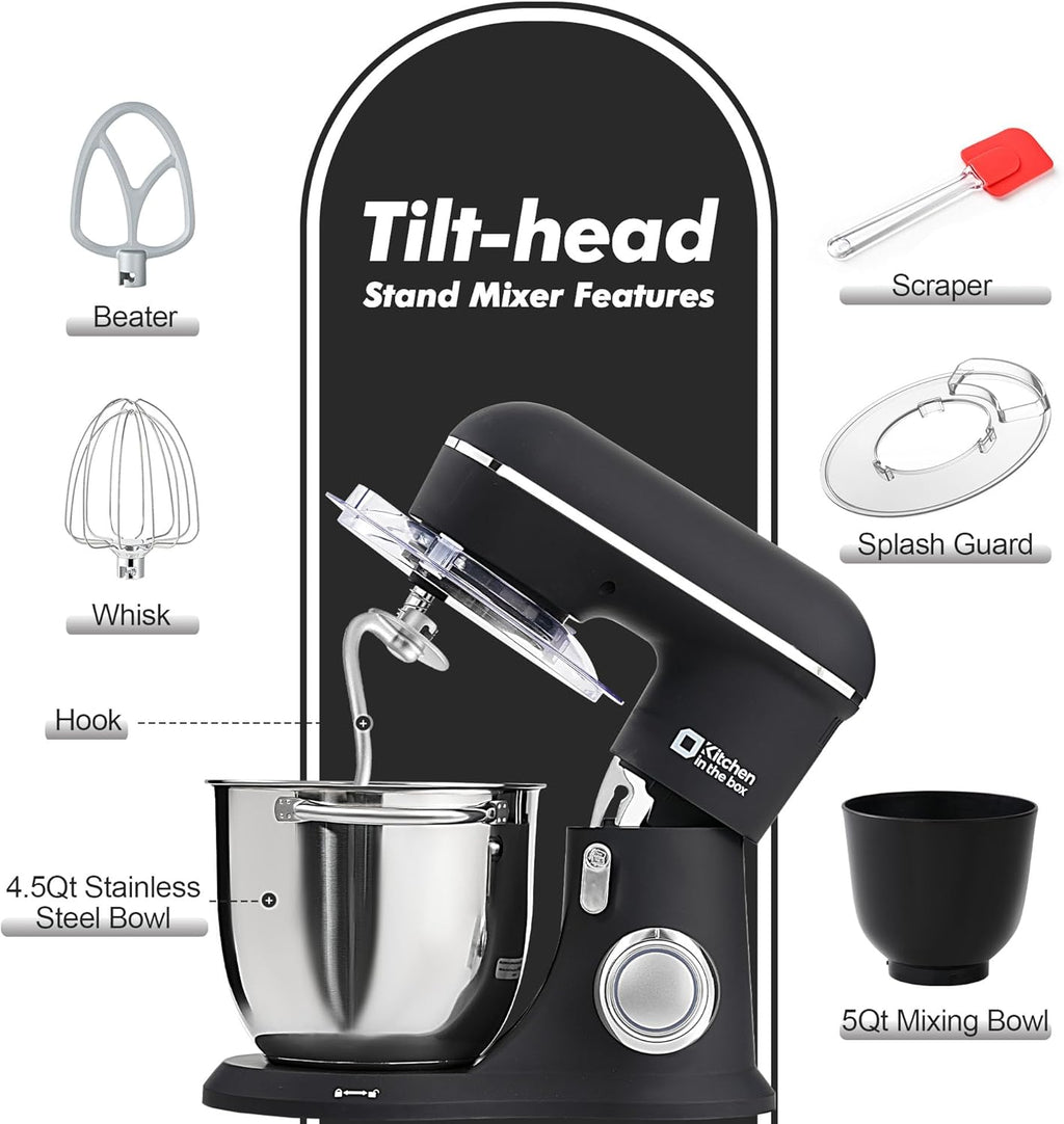 Kitchen in the box Stand Mixer, 4.5QT+5QT Two bowls Electric Food Mixer, 10 Speeds 3-IN-1 Kitchen Mixer for Daily Use with Egg Whisk,Dough Hook,Flat Beater (Onyx Black, 5QT)