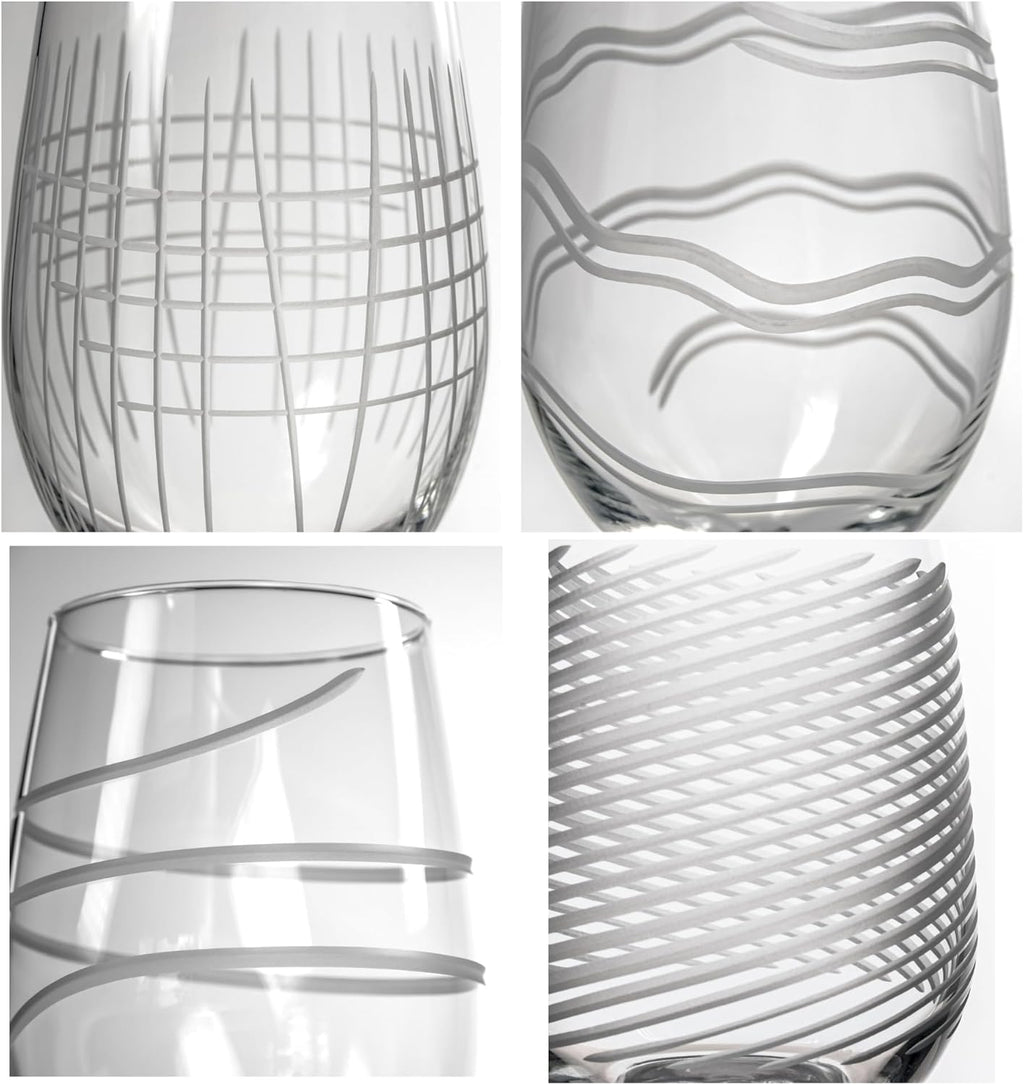 Rolf Glass Symmetry All Purpose Wine Glass | 18oz Large Wine Glasses | Proudly Made in the USA | Mixed Contemporary Designs - Twist, Cyclone, Matchstick, Good Vibrations | Set of 4