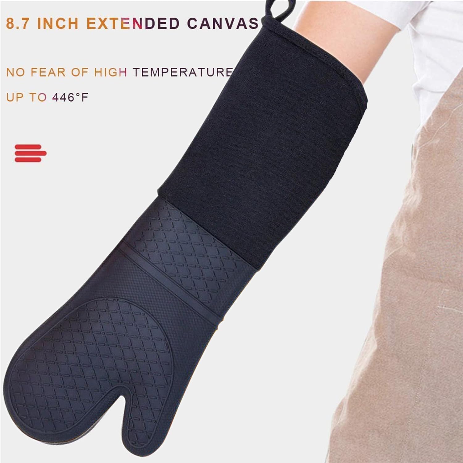 Extra Long Silicone Oven Mitts Heavy Duty Commercial Grade Oven Mitts Heat Resistant BBQ Gloves with Quilted Cotton Lining 2 Pack (Black)