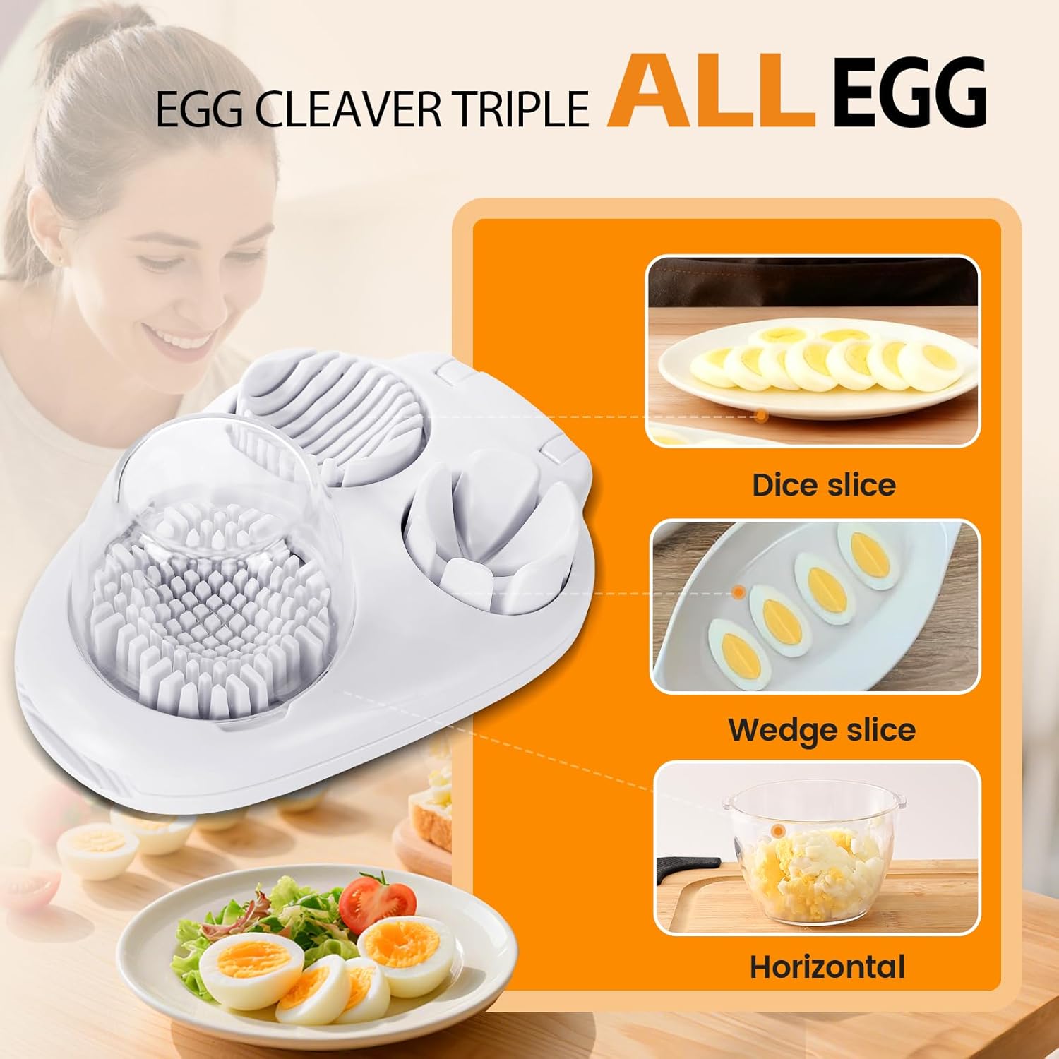 3-In-1egg Slicer For Hard Boiled Eggs,Stainless Heavy Duty Steel Egg Slicer Kitchen Gadget, Fit Strawberry,Apple,Banana,Cherry,Tomato,White