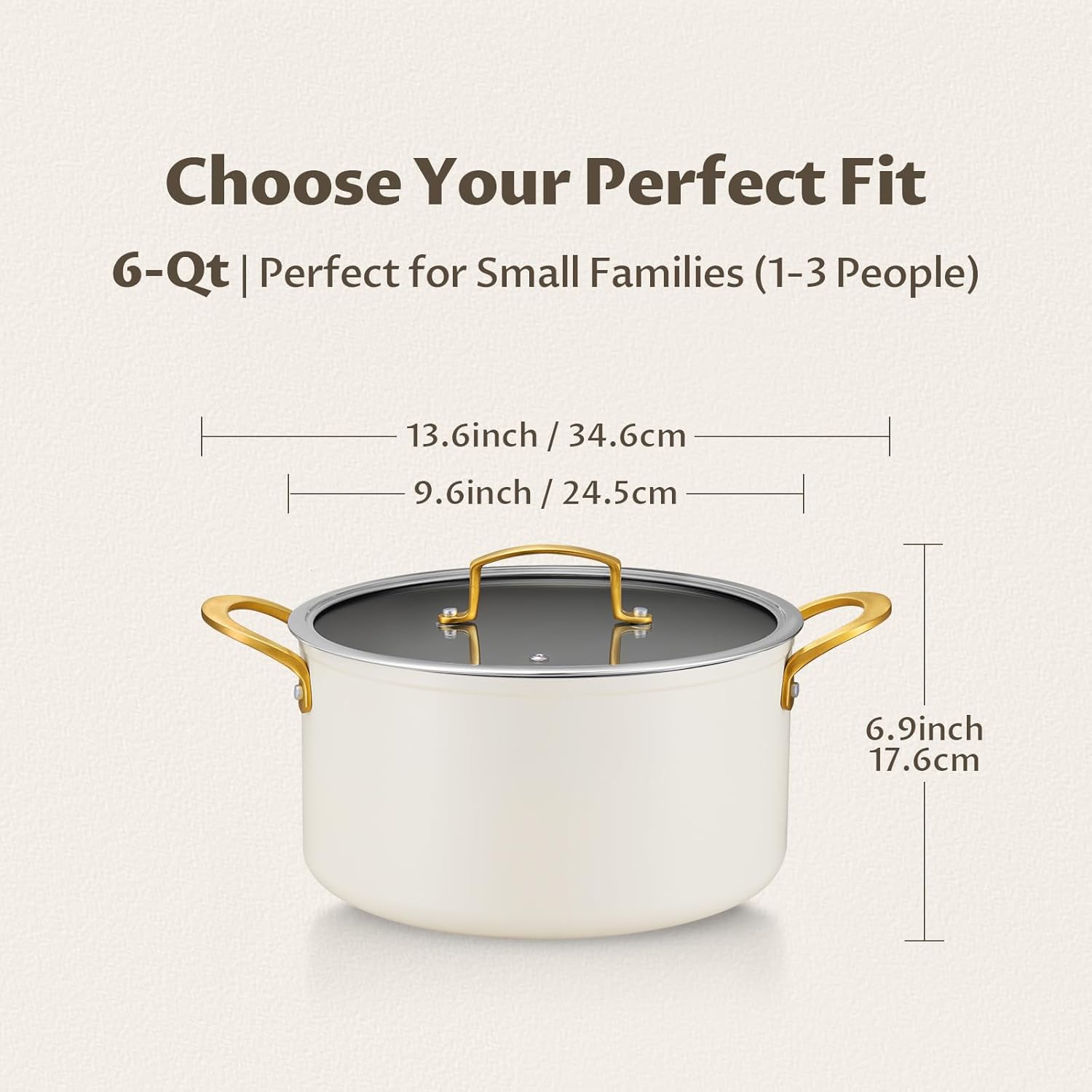 BEZIA 6 Quart Stock Pot with Lid，Ceramic Nonstick Cooking Pot，Soup Pot with Stainless Steel Handle, Tempered Glass Lid, Induction Compatible for Pasta, Soup, Spaghetti，Dishwasher Safe, Cream