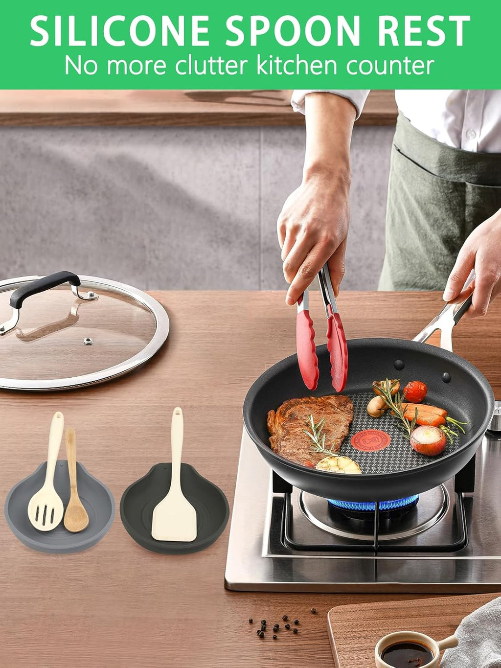 2 Pcs Spoon Rest for Stove Top Silicone, 6.1" Large Stove Spoon Holder for Spatula, Tongs or Spoon, Kitchen Counter Decor, Gray & Black