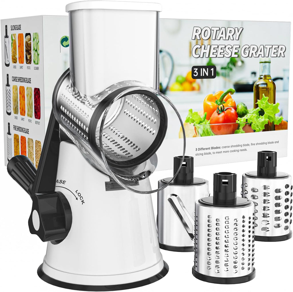 Cambom Rotary Cheese Grater Hand Crank Cheese Shredder for Fresh Cheese, Vegetable, Nuts,Non-slip Suction Base, Free Cleaning Brush Three Blades, White and Black
