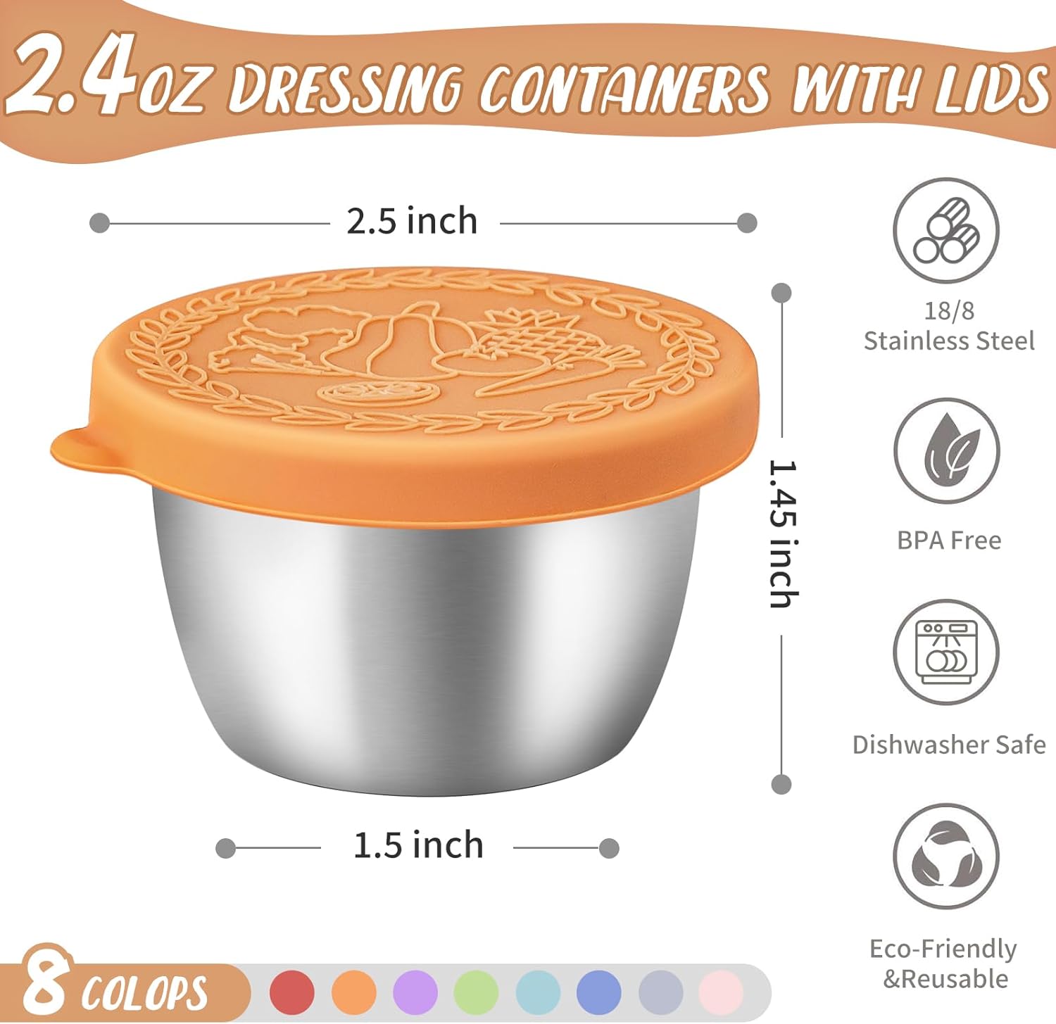 8 Pack - 2.4 Oz Small Salad Dressing Containers To Go, Leakproof Condiment Containers with Lids Reusable Stainless Steel Sauce Cups for Lunch Boxes Kitchen Storage Picnics Travel Meal Prep