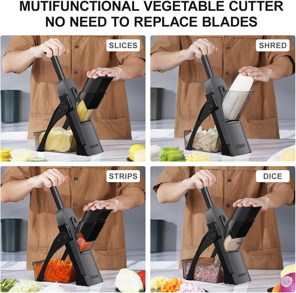 Safe Mandoline Slicer for Kitchen, Meal Prep,Potato Slicer, Adjustable/Easy to Clean/Storage, Kitchen Chopping Artifact,French Fry Cutter,Paring Knife/Cleaning Brush (only Slice, Black Knight)