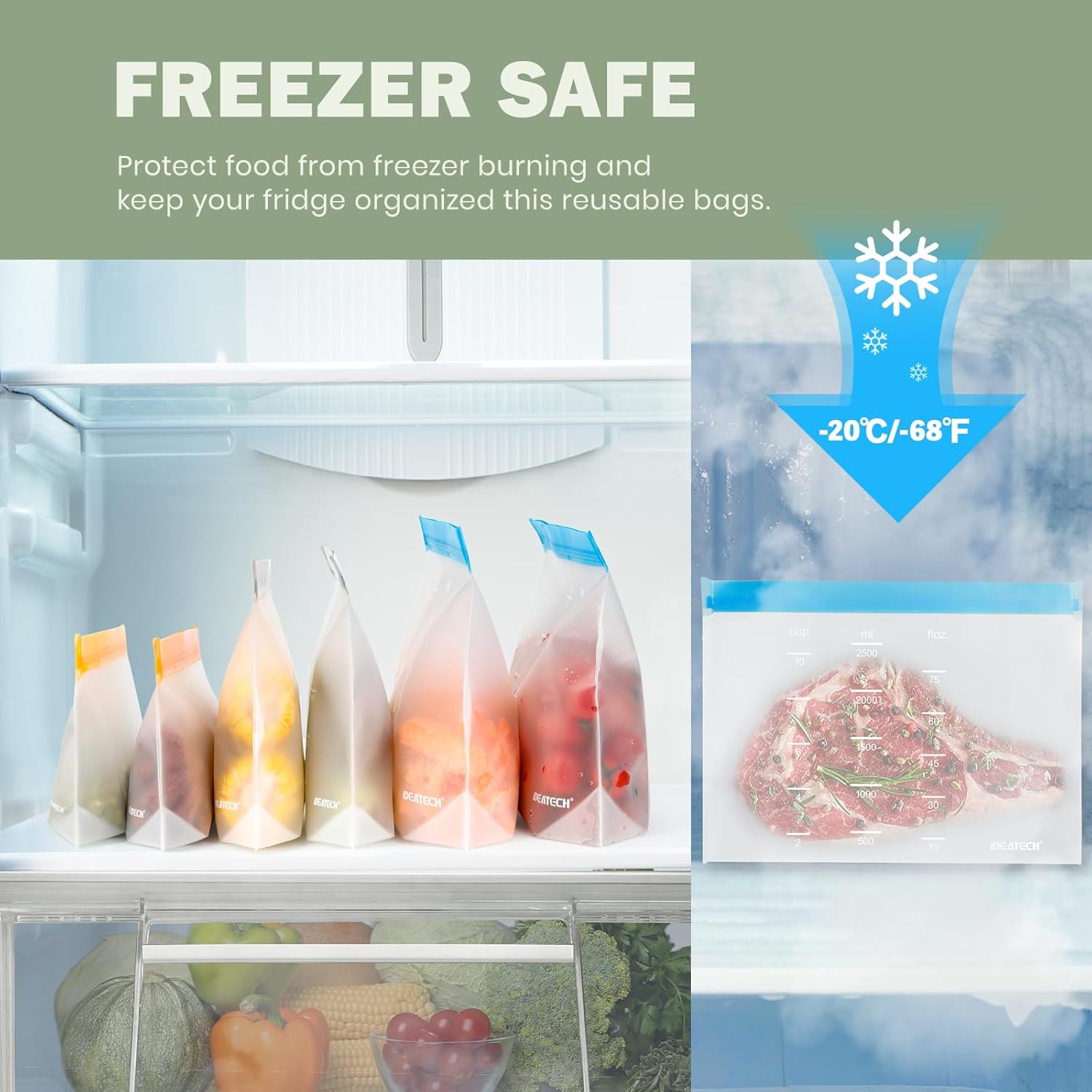 IDEATECH Reusable Bags Dishwasher Safe, BPA Free Reusable Freezer Bags Stand Up, Leakproof Silicone Bags for Food Storage Containers, Salad Fruit,Vegetables,Traval, Home Organization -Gray 6 Gallon