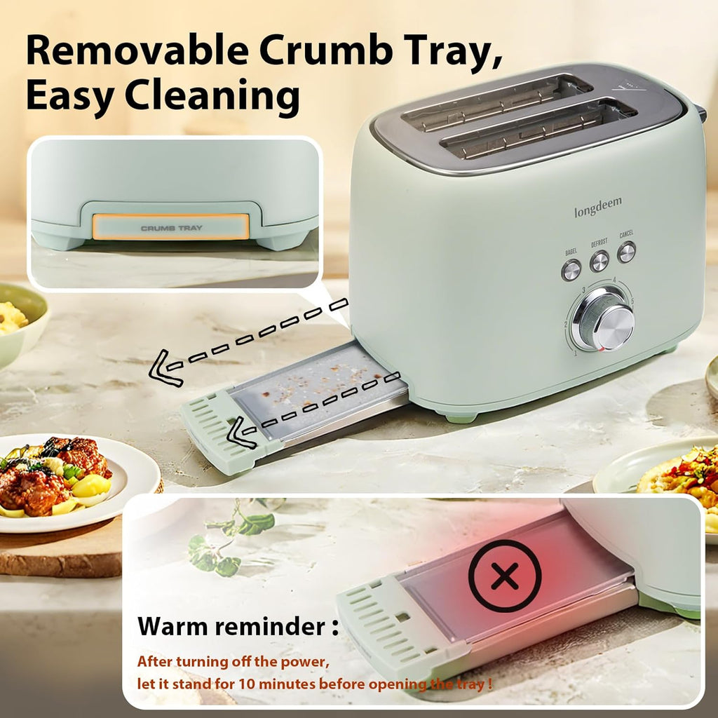 2-Slice Toaster 1.5" Extra Wide Slot Stainless Steel with High Lift Lever, 6 Presets & Bagel/Defrost/Cancel Function, Removal Crumb Tray, Under Base Cord Storage, Green