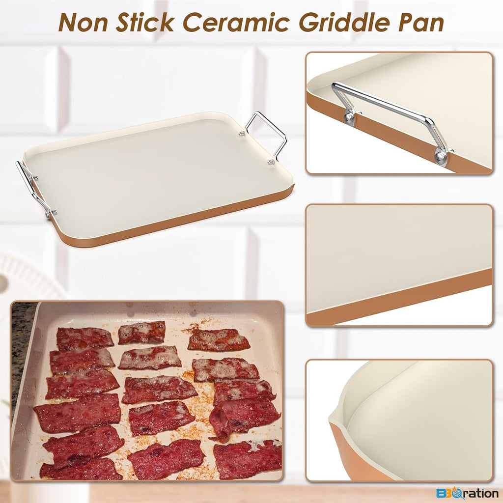 17.7" x 13" Burner Griddle Pan for Stove Top Oven, Stainless Steel Handles, Non Stick Ceramic Griddle Pan Griddle Skillet, PTFE Free PFOA Free