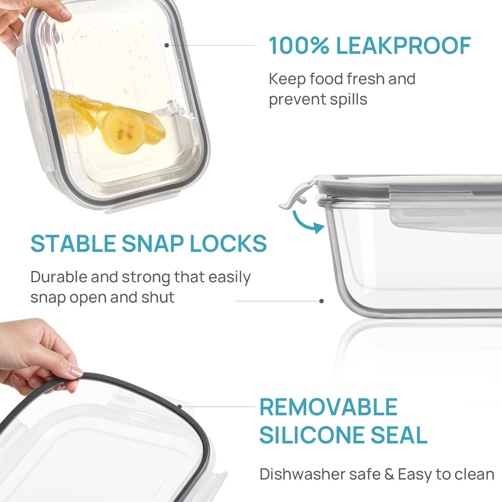 Vtopmart 2Pack 2260ml/ 76.4oz Large Glass Storage Containers with Lids, Meal Prep Food Container Set with Snap Airtight Lid for Baking, Microwave, Oven, Leak Proof, for Freezer, Dishwasher, Grey