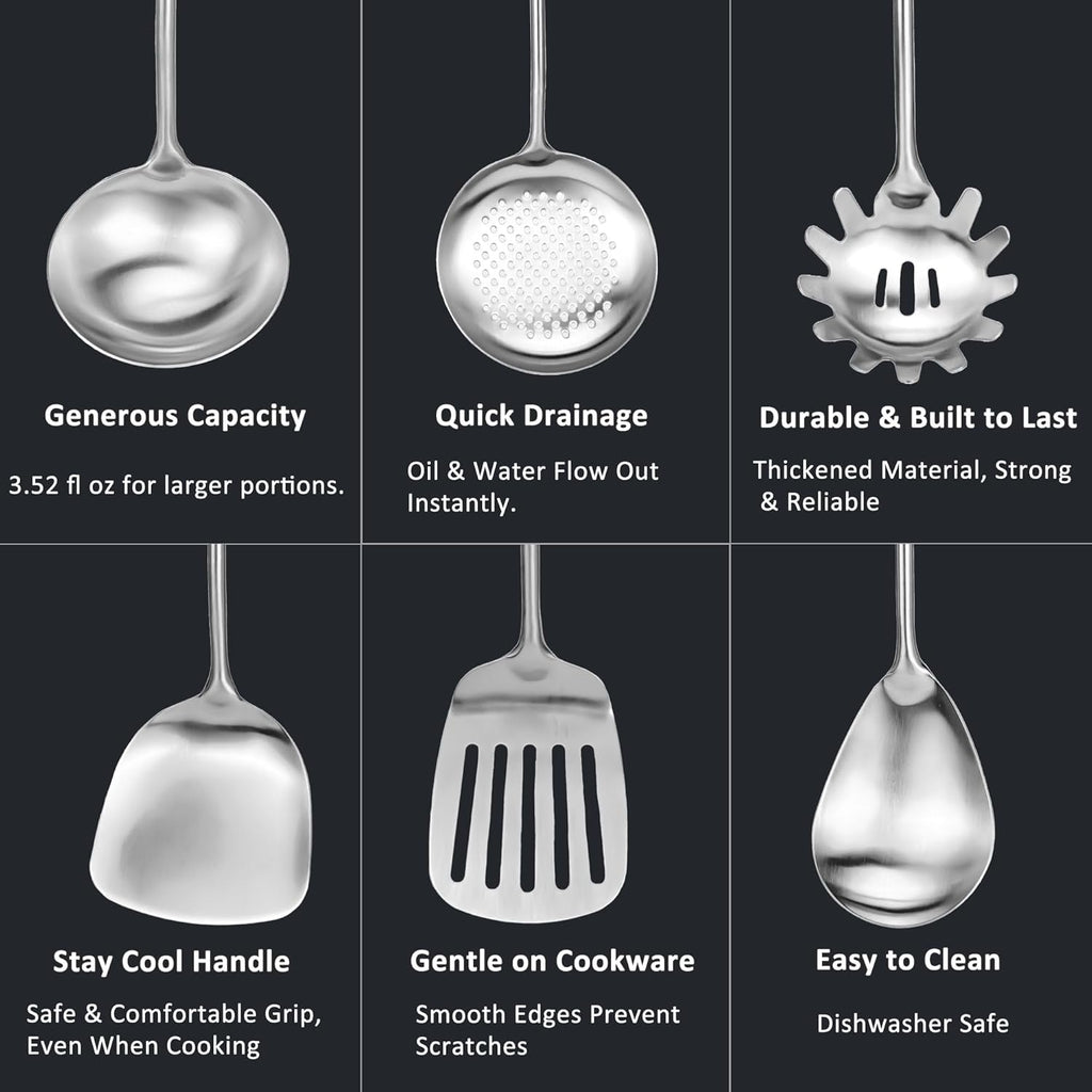 304 18/10 Stainless Steel Kitchen Utensils Set 9 Pcs Long Cooking Utensil, Spatula, Soup spoon, Leaking shovel, Ladle, Tunner, Pasta Server, Meat Fork Kitchen Tools Set (9 Pieces Set)