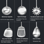 304 18/10 Stainless Steel Kitchen Utensils Set 9 Pcs Long Cooking Utensil, Spatula, Soup spoon, Leaking shovel, Ladle, Tunner, Pasta Server, Meat Fork Kitchen Tools Set (9 Pieces Set)