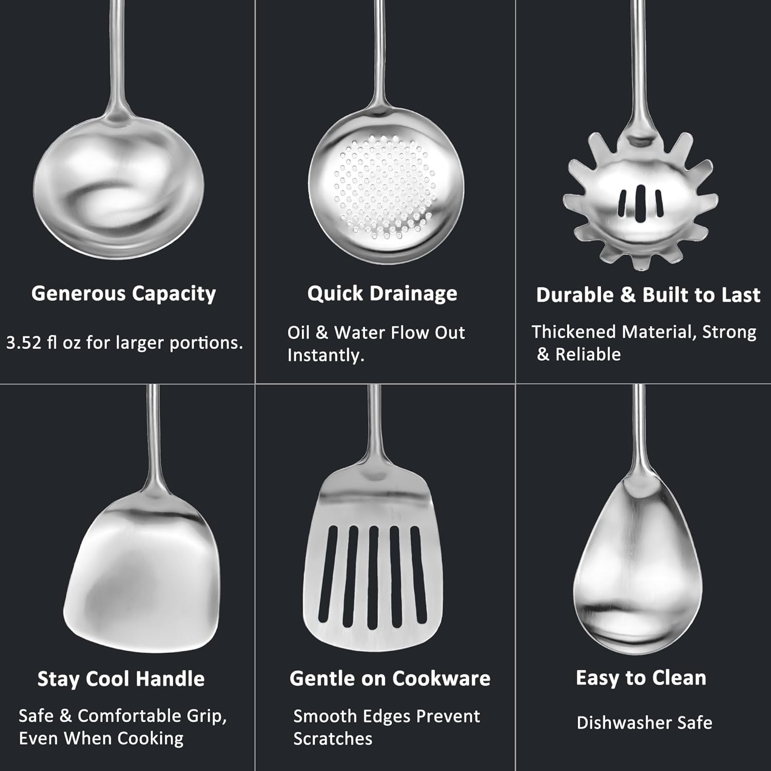 304 18/10 Stainless Steel Kitchen Utensils Set 9 Pcs Long Cooking Utensil, Spatula, Soup spoon, Leaking shovel, Ladle, Tunner, Pasta Server, Meat Fork Kitchen Tools Set (9 Pieces Set)